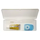 Kit higiene personalizado em estojo. Medida do estojo 20,6 x 7,5 x 2,8 cm, contendo 1 escova + 1 fio dental 25 m + 1 pasta de dente 18 g. Materiais genéricos.