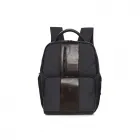 Mochila de linho e couro com dois bolsos frontais, dois bolsos nas laterais e suporte para notebook