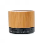 Caixa de som multimídia com Bluetooth e rádio FM. Material plástico com acabamento em bambu - detalhe preto