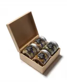 Kit com 4 temperos especiais gourmet com caixa de madeira 