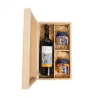 Kit vinho com 2 potes de aperitivo em caixa de madeira