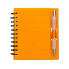 Bloco de anotações laranja com caneta e suporte