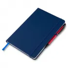 Caderno azul com caneta