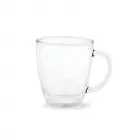 Caneca em vidro com capacidade até 390 ml.