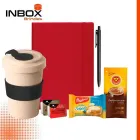 Kit Café Inbox com Caderneta, caneta, copo de viagem, sachê de capuccino, torradas, geleia e manteiga