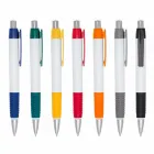 Caneta plástica corpo branco com detalhes coloridos