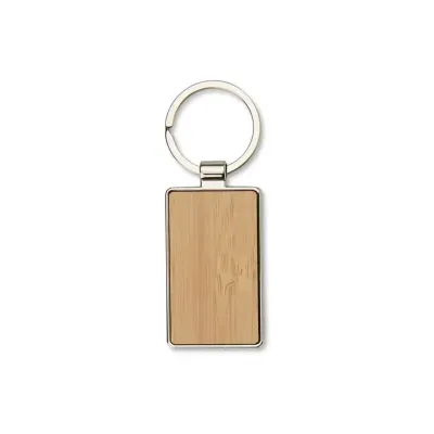 Chaveiro retangular em metal com detalhe frontal em bambu
