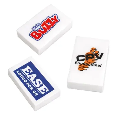 Borrachas promocionais personalizáveis com diferentes tipos de impressões.