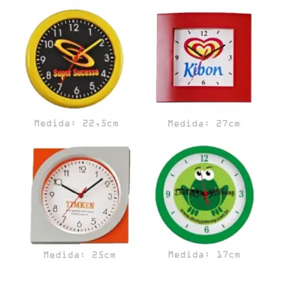 Relógios de parede Redondo; Social; Flex; e Mascote.