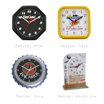 Relógios de parede Oitavado; Quadrado; Tampa; e Relógio de Mesa.