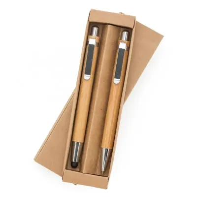 Kit ecológico caneta e lapiseira em bambu com estojo de papelão