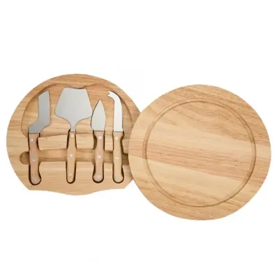 Kit queijo 5 peças, possui tábua de bambu com detalhe circular 