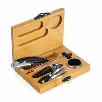 Kit Para Vinho Com Estojo Em Bambu