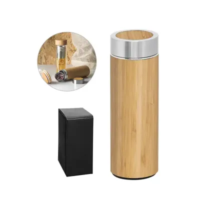 Squeeze em bambu e aço inox, com parede dupla isolada a vácuo e infusor 