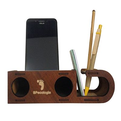 Speaker com porta-cartão, lápis e caneta