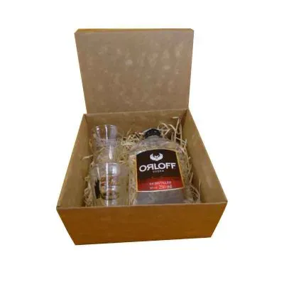 Kit vodka com 2 copos em caixa de pinus envelhecido
