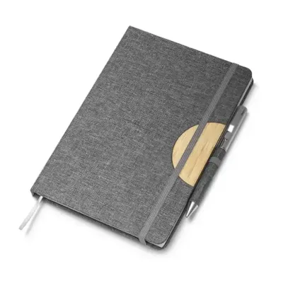 Caderno de anotações cinza com suporte para caneta
