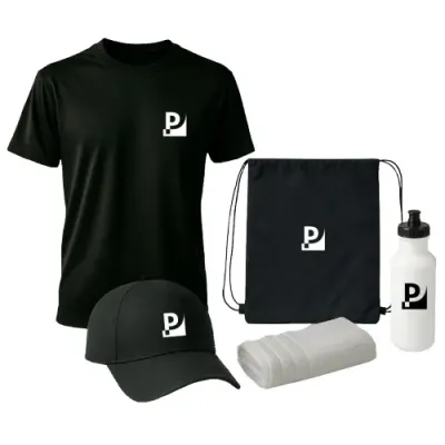 Kit Corrida com bone, camiseta, toalha e garrafa