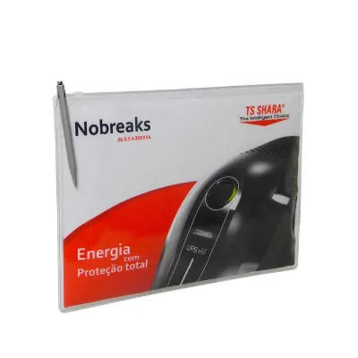 Pasta zip confeccionada em laminado de pvc transparente. Acabamento em solda eletrônica.