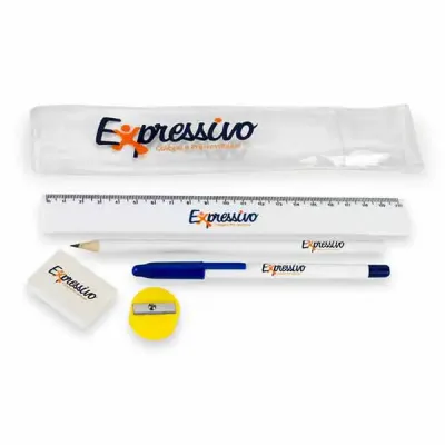 Kit escolar personalizado - Gravação 1 cor em todas as peças, menos no apontador. Apontador em cores sortidas.