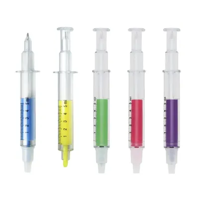 Caneta plástica formato seringa: opções de cores