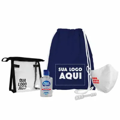 Kit-esportivo com saco mochila, necessaire, álccol em gel, e squeeze
