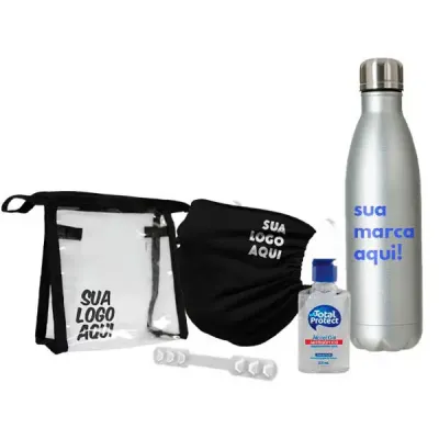  kit com Máscara ou face shield, Álcool em gel, Squeeze opcional Extensor de máscara, Necessaire personalizados