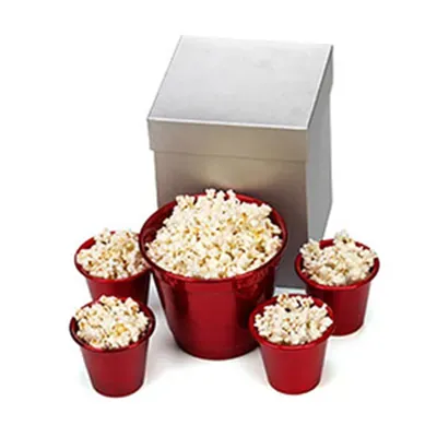Caixa para presente com 5 baldes para pipoca.