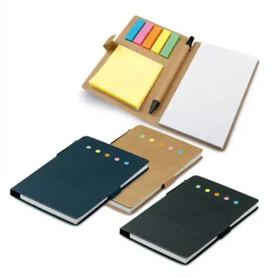 Bloco de anotações com adesivo e caneta - capa várias cores