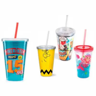 Copo Parede Dupla com Tampa Reta e Canudo