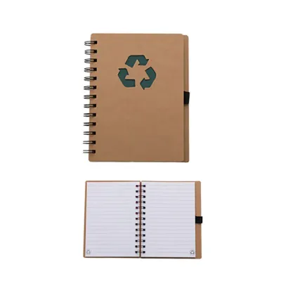 Bloco de anotações ecológico com espiral e símbolo reciclado na capa