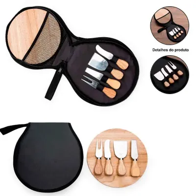 Kit Queijo 4 peças com Tábua de Bambu em Estojo de Nylon Preto 1