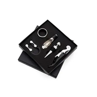 Kit vinho 5 peças em caixa de papelão. compartimento interno revestido com espuma resistente