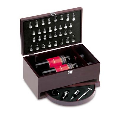 Promus Brindes - Kit vinho caixa de madeira para 2 garrafas de vinho e jogo de xadrez. Com corta gotas, vertedor, tampa para garrafa e termômetro.