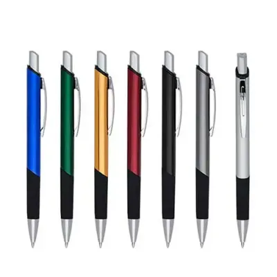 Caneta de metal em cores com borracha preta