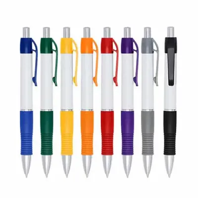 Caneta de plástico branca e colorida