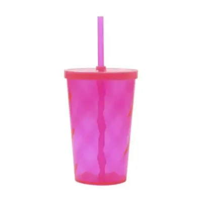 Copo plástico ou acrílico espiral com tampa e canudo rosa