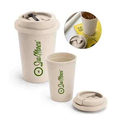 Copo De Viagem Ecológico Personalizado De Fibra De Bambu E PP Com Tampa E Capacidade de 380ml