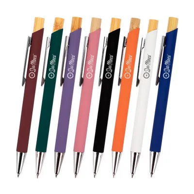 Caneta Personalizada de Metal e Bambu - opções de cores