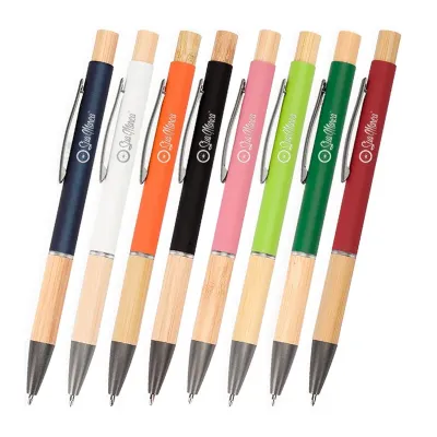 Caneta Personalizada de Metal e Bambu - opções de cores