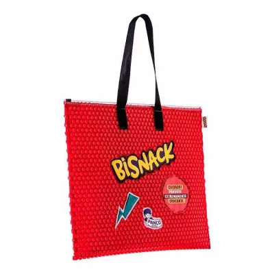 Sacola para eventos feita em plástico bolha vermelho, personalizada para Bisnack