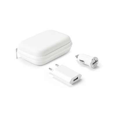 Kit de carregadores USB branco em estojo de EVA