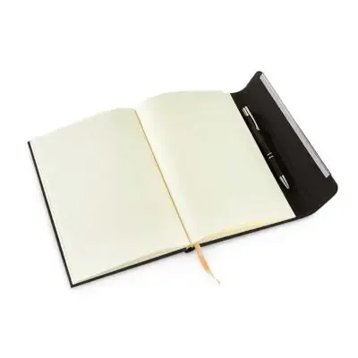 Caderno capa dura com porta caneta.