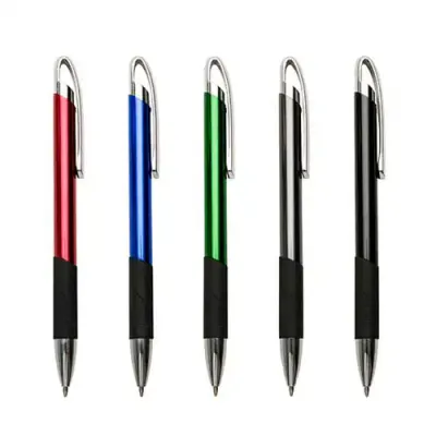 Caneta de metal colorida com detalhe emborrachado