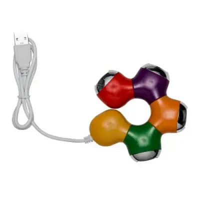 Hub articulável formato estrela com 4 entradas USB 2.0, material em plástico resistente.