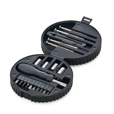 Kit ferramenta 20 peças com estojo formato pneu em plástico resistente