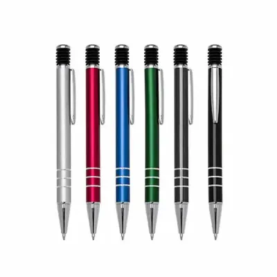 Caneta de metal colorida com detalhes em prata e sanfone preta no acionador