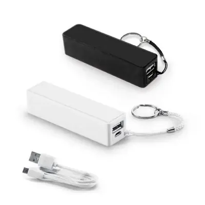 Power Bank branco e preto com cabo USB 