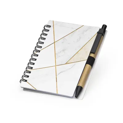 Caderneta com capa em papel com acabamento brilhoso e caneta