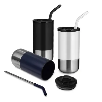 Copo em inox com canudo removível: azul, preto e branco